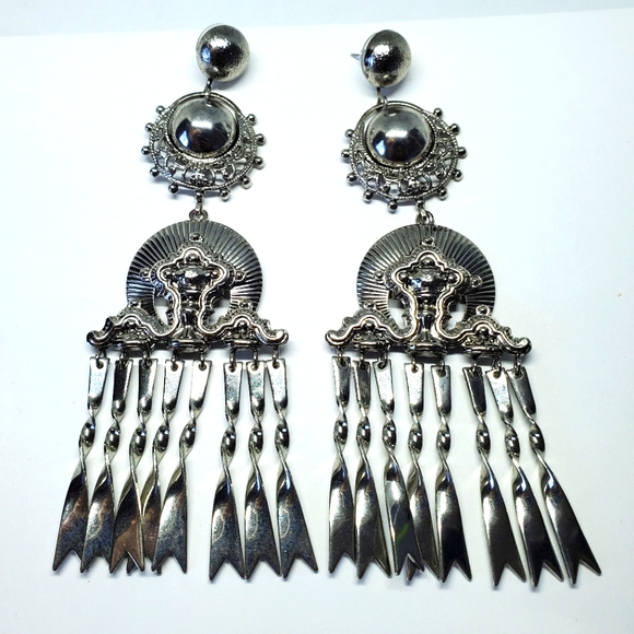 Elizabeth Cole Jewelry - Elizabeth Cole Huge Silver Tone Ornate Statement Dangle Earrings